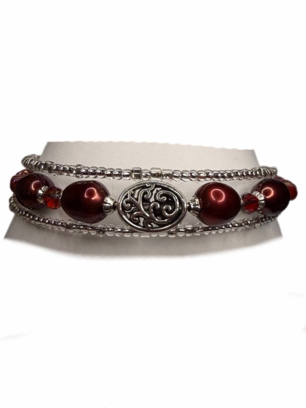 Red Pearl Beaded memory wire Bracelet with Silver Filigree handmade